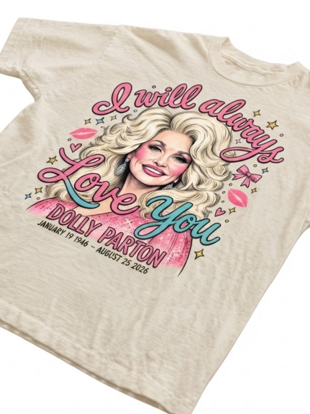 Off White Dolly Parton "I Will Always Love You" Graphic Tee - Pink & Teal - Picture 2 of 3
